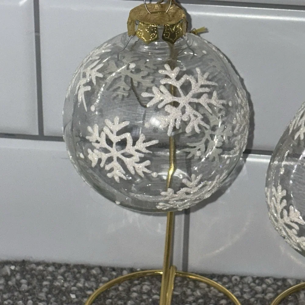 Clear Glass Christmas Ornaments With Glittery Snowflakes Gold Tops Various Shape
